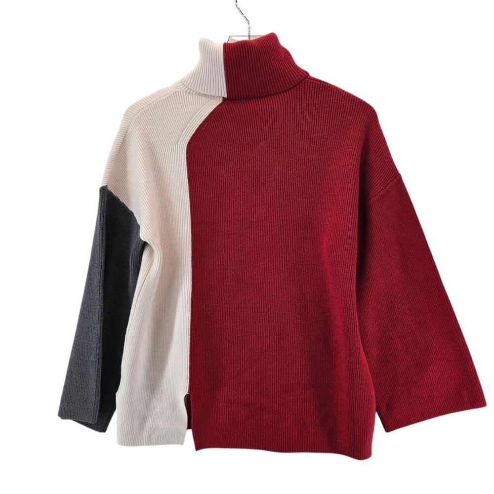 Badgley Mischka Turtleneck Sweater Womens Small Colorblock Red White Gray Ribbed - Picture 4 of 12